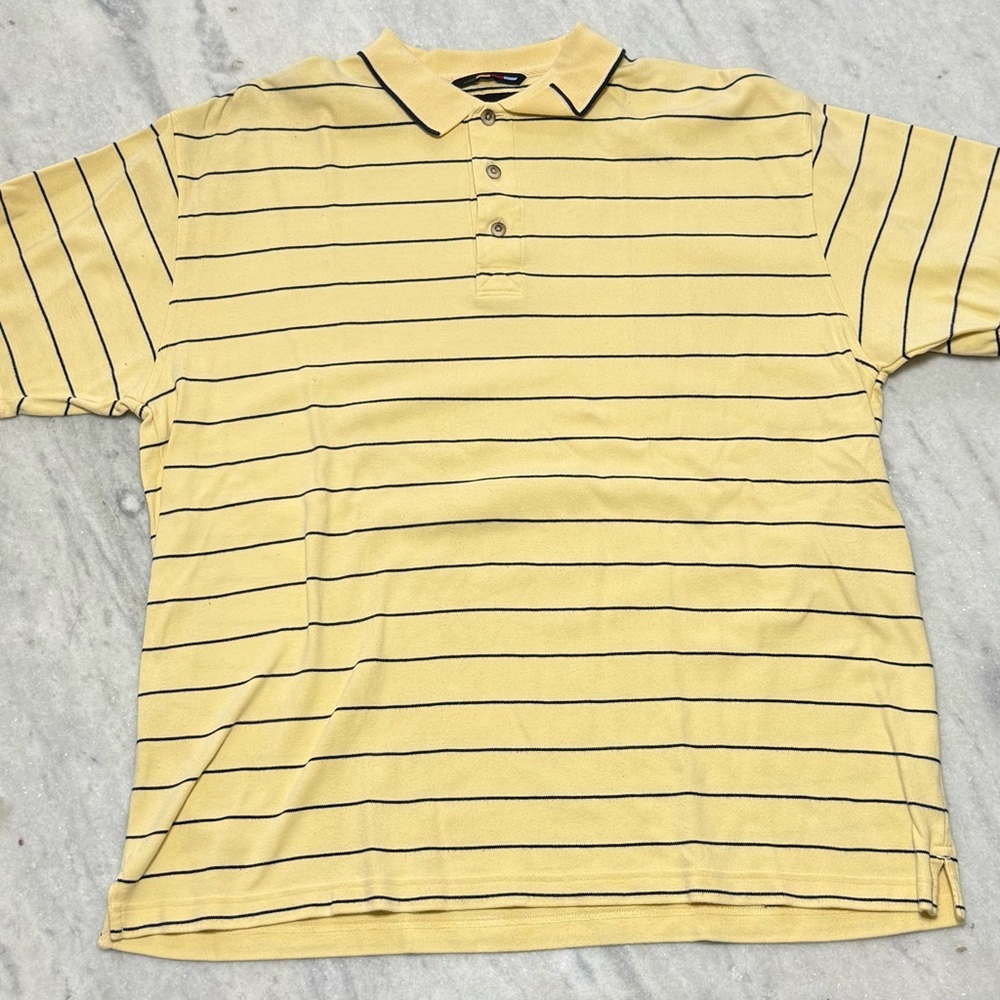 Greg Norman Polo Shirt L Yellow Blue Striped 100% cotton golf casual comfort